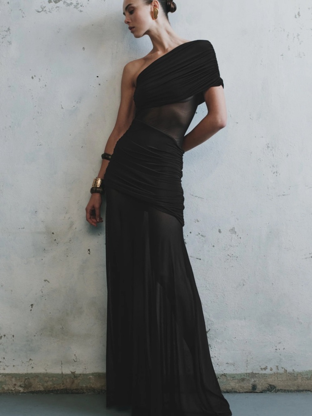 Meshki Black One-Shoulder Ruched Mesh Gown